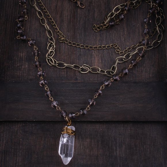 Triple Layer Clear Quartz Wire Wrap Pendant Necklace - Picture 3 of 3